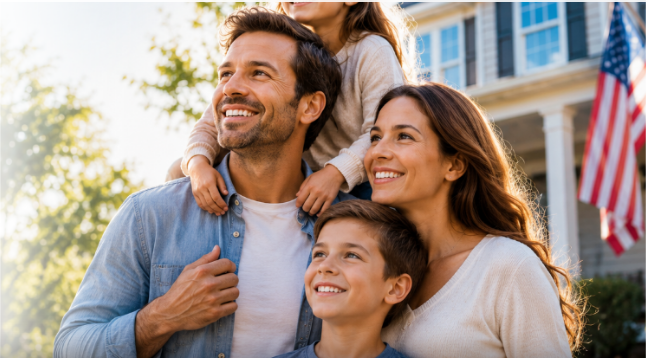 A family standing together outside their home